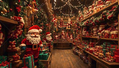 Elves joyfully creating holiday gifts in Santa's North Pole workshop for Christmas