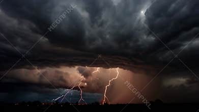 Amazing lightnings on a dramatic thunderstorm full of dark clouds
