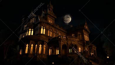 Victorian haunted house glowing under full moon