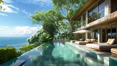 A stunning luxury villa overlooking the ocean with an infinity pool and lush tropical greenery, Luxury resorts featuring palatial