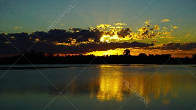 landscape with sunrise over lake, timelapse 4k