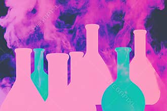 Vibrant chemistry lab with colorful smoke and glassware in abstract artwork