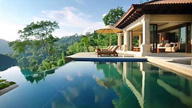 A breathtaking view of an infinity pool overlooking a lush jungle landscape, Luxury resorts featuring palatial suites and infinity