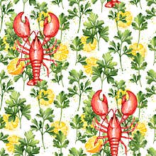 Seamless pattern of lemons, red lobster, parsley and cilantro. Food illustration, white background.