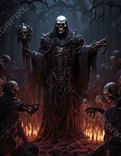 Dark skeletal figure in eerie forest surrounded by skeletons