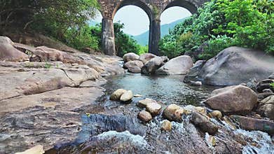 Timelapse of A small waterfall in a mossy mountain