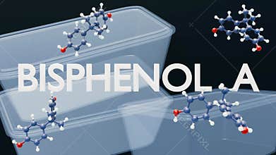 3d rendering of Bisphenol A or BPA molecules and plastic container