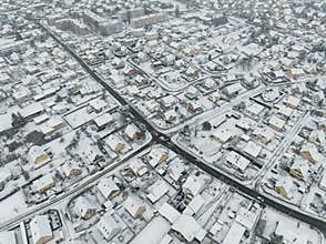Aerial view of heavy snow on the city of Kingersheim, Alsace, France.