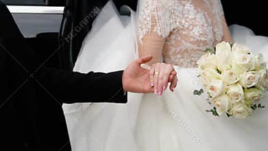 Young married couple holding hands near the car