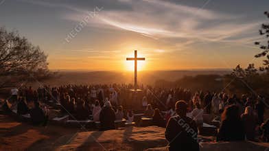 Organize a community sunrise service to celebrate the resurrection of Jesus Christ. Silhouette of christian prayers while praying
