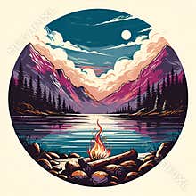 A breathtaking landscape with a campfire in the lake, night sky, tree, logo style, ink painting, t-shirt design, fantasy art