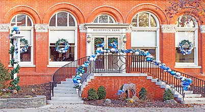 American bank decorated with blue and white during Hanukkah season