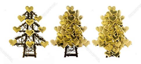 Christmas tree made from sticks and golden hearts