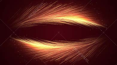 On a dark red background, abstract yellow orange feathers appear framing the middle of the background with fade
