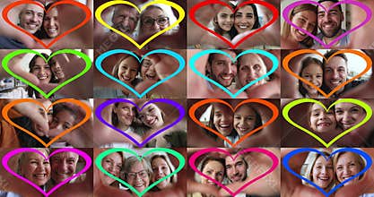 Collage faces view of diverse people showing symbol of love