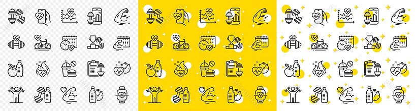 Fitness time line icons. Bike Workout, Strong Muscle Arm, Gym fit dumbbell Vector