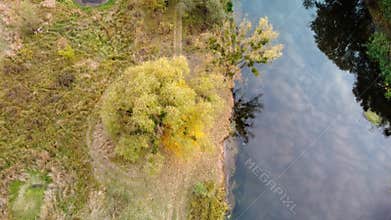 Autumn aerial look down on river with vivid trees