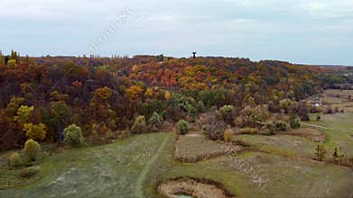 Aerial view on radio telescope in autumn forest