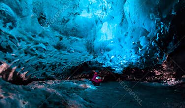 Blue ice cave view during winter in Jokulsarlon, Iceland
