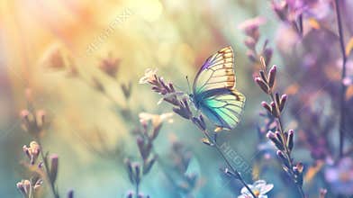 Butterfly on blooming flowers, with a blurred bokeh background. Rainbow pastel colors. Banner with copy space. Ideal for