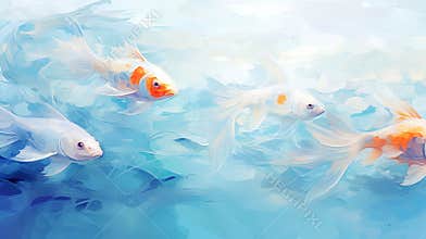 Exotic fish light background. Transparent watercolour. Pastel colour palette. Generative AI