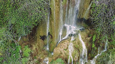 Aerial view scenics nature, waterfall in Turkey, surrounded by greenery. Showcases scenics nature, waterfall, eco