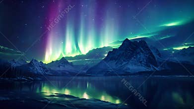 Witness the breathtaking beauty as the vibrant colors of the aurora borealis illuminate the serene mountain lake, The northern