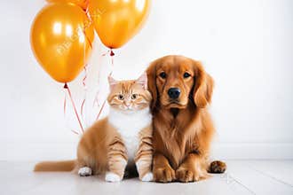 Cute birthday red dog in party hat with kitten cat sitting on wooden background with balloons.