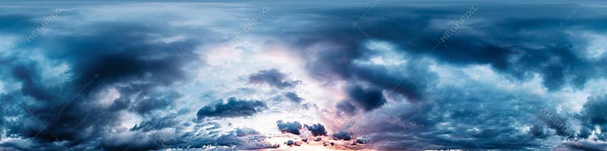 Dramatic sunset sky panorama with bright glowing red pink Cumulus clouds. HDR 360 seamless spherical panorama. Sky dome