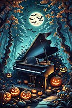 Horor scene of halloween, with piano in a whimsical forest, moonlit night, scary pumpkins arounds, bats, cartoon, music instrument