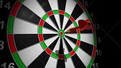 Red dart sticks into the center of the target against black background