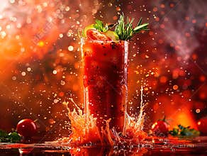 Centered traditional vodka tomato juice bloody mary mix cocktail in salted, rim tumbler garnished by lemon with olive