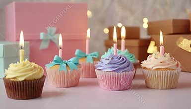 Celebration Cupcakes: Colorful cupcakes with lit candles displayed against a backdrop of wrapped gifts. Captured indoors