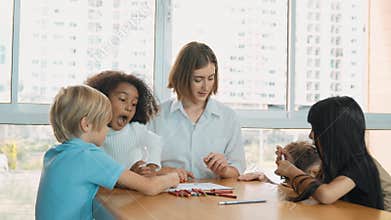Student and teacher drawing and coloring by using marker or crayon. Erudition.
