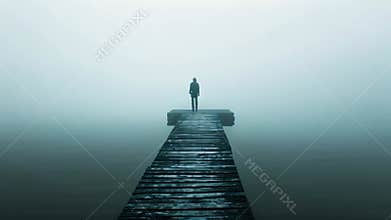 A person stands alone on a pier surrounded by thick fog during the early morning hours, An eerie apparition standing at the end of
