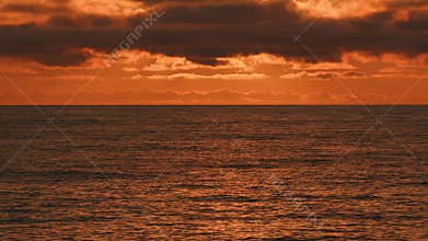 Sunrise Or Sunset In Seaside Beautiful. Beautiful Golden Orange Sunset Over Ocean.