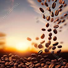 Coffee Beans Falling in Sunset Scene, AI Generated Image