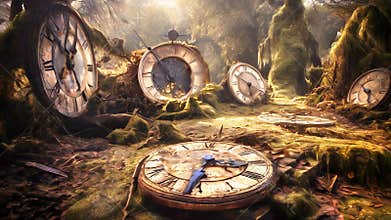 Surreal composition of rusty clocks. Time related concept.