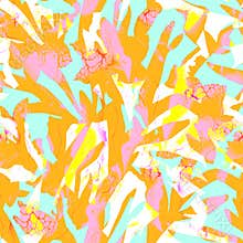 Artistic pattern of flowers and leaves on electric blue background