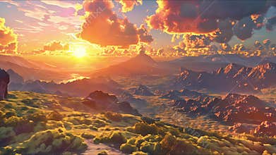 Panoramic view of beautiful rainforest. Beautiful sky, mountains and jungle. Aerial view. Prehistoric earth. Ai