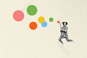 Creative collage young woman hold baseball bat player champion carefree crazy cheerful positive mood colorful circles