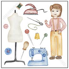 Watercolor tailor clipart, hand drawn illustration. Tailor working, kids school card clip art, educational, cute children graphics