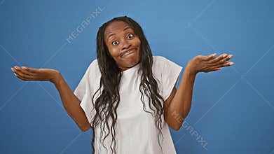 Curly-haired woman in white shirt expressing confusion against a blue wall