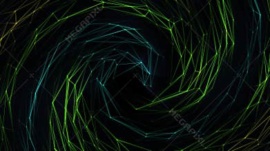Loop animation with glowing blue and green connected lines and dots in a shape of swirl