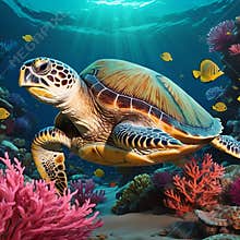 A sea turtle in under water world, with sea flower, small fish, sunlight through the water, bold outline