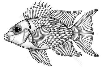 A black and white drawing of a fish, coloring book for kids.