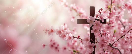Religious themed wooden cross and spring flowers