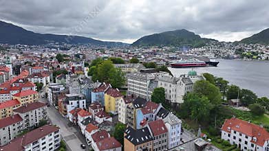 Drone Shot of Bergen, Norway. Flying Above Nordnes Residential Neighborhood