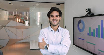 Head shot portrait of professional business analyst posing in office