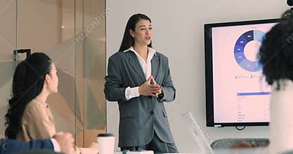 Female representative make presentation using infographic visual data